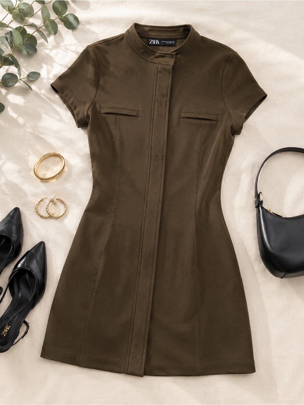 𝙕𝙖𝙧𝙖 Women’s L Brown Olive Mini Dress Hidden Zip Short Sleeve 2245/717